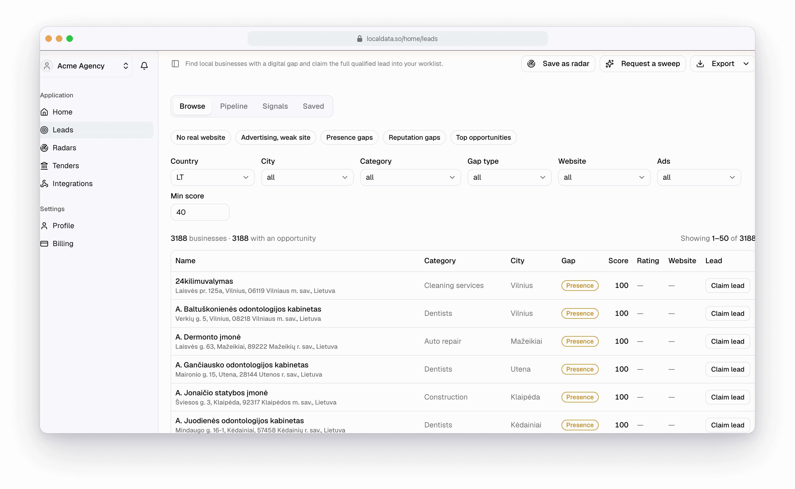 LocalData Leads browse worklist with per-business gap scores.