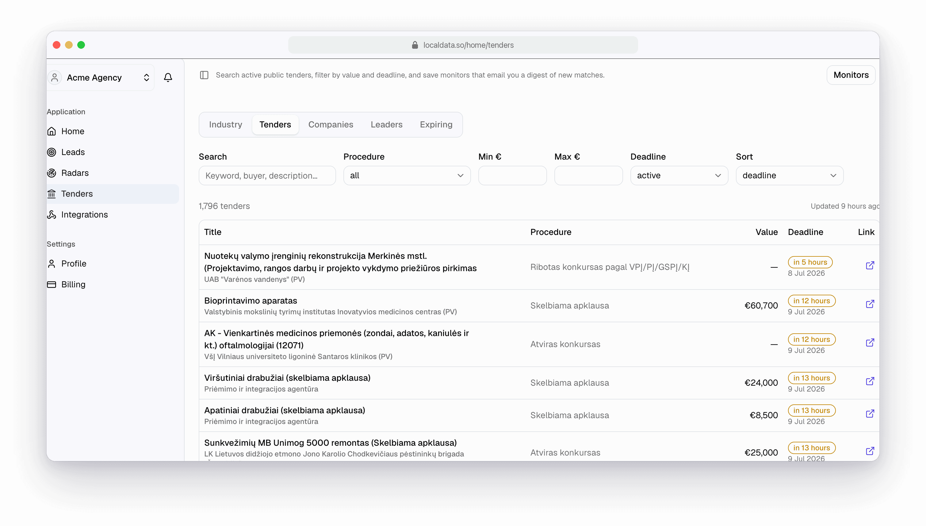 LocalData Tenders live feed of active Lithuanian public tenders.